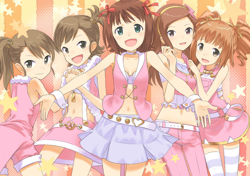 :d amami_haruka asymmetrical_hair belt brown_eyes brown_hair buntan choker drill_hair fur_trim futami_ami futami_mami green_eyes hair_ribbon hairband highres holding_hands idolmaster idolmaster_(classic) long_hair midriff minase_iori multiple_girls navel open_mouth outstretched_arms pants pink_diamond_765 pink_pants ribbon short_hair shorts side_ponytail skirt smile spread_arms star striped striped_background striped_legwear takatsuki_yayoi thighhighs twin_drills twintails wrist_cuffs