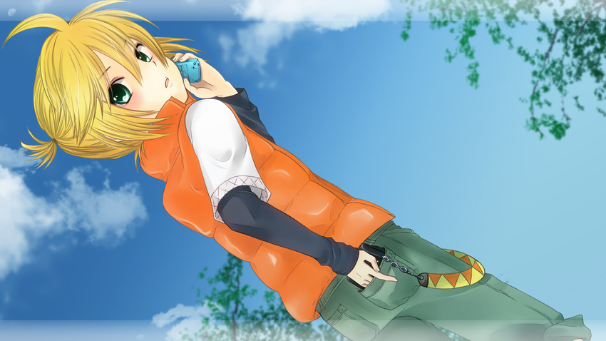 agi_(holic2007) blonde_hair boy cellphone cellular dutch_angle highres kagamine_len male male_focus open_mouth phone solo vocaloid