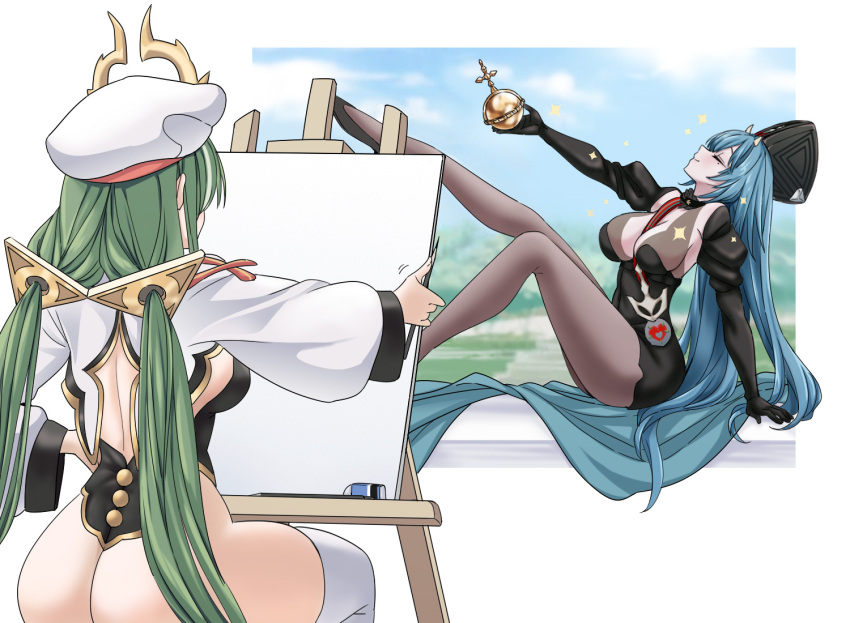 2girls ass azur_lane beret black_dress black_hat blue_hair blue_sky bodystocking breasts closed_eyes decorations derivative_work dress feet green_hair hat holding holy_hand_grenade large_breasts leggings legs light_smile marco_polo_(azur_lane) microdress mitre multiple_girls oukama paintbrush painting_(object) pantyhose posing purple_eyes raffaello_(azur_lane) revealing_layer sky sparkle thick_thighs thighs twintails weapon