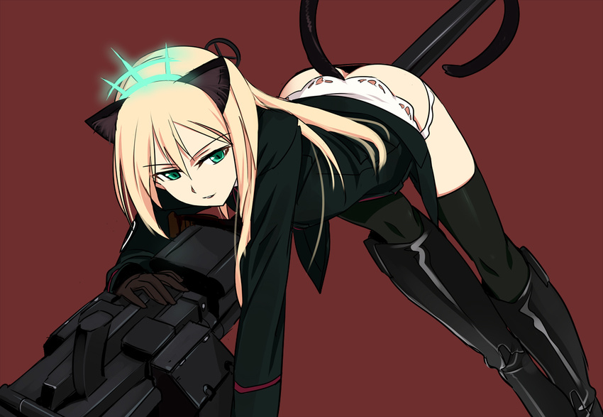 animal_ears ass autocannon bent_over black_legwear blonde_hair boots gloves green_eyes gun heinrike_prinzessin_zu_sayn-wittgenstein hirschgeweih_antennas lace long_hair military military_uniform ningen_(ningen96) noble_witches panties simple_background smile solo tail thighhighs underwear uniform weapon world_witches_series