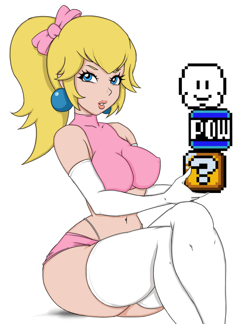 ?_block bare_shoulders blonde_hair blue_eyes bow breasts collarbone earrings elbow_gloves gloves hair_bow impossible_clothes jewelry large_breasts lips long_hair mario_(series) midriff miniskirt navel ne1v1a nintendo parted_lips ponytail pow_block princess_peach simple_background sitting skirt solo thighhighs thong white_background white_gloves white_legwear