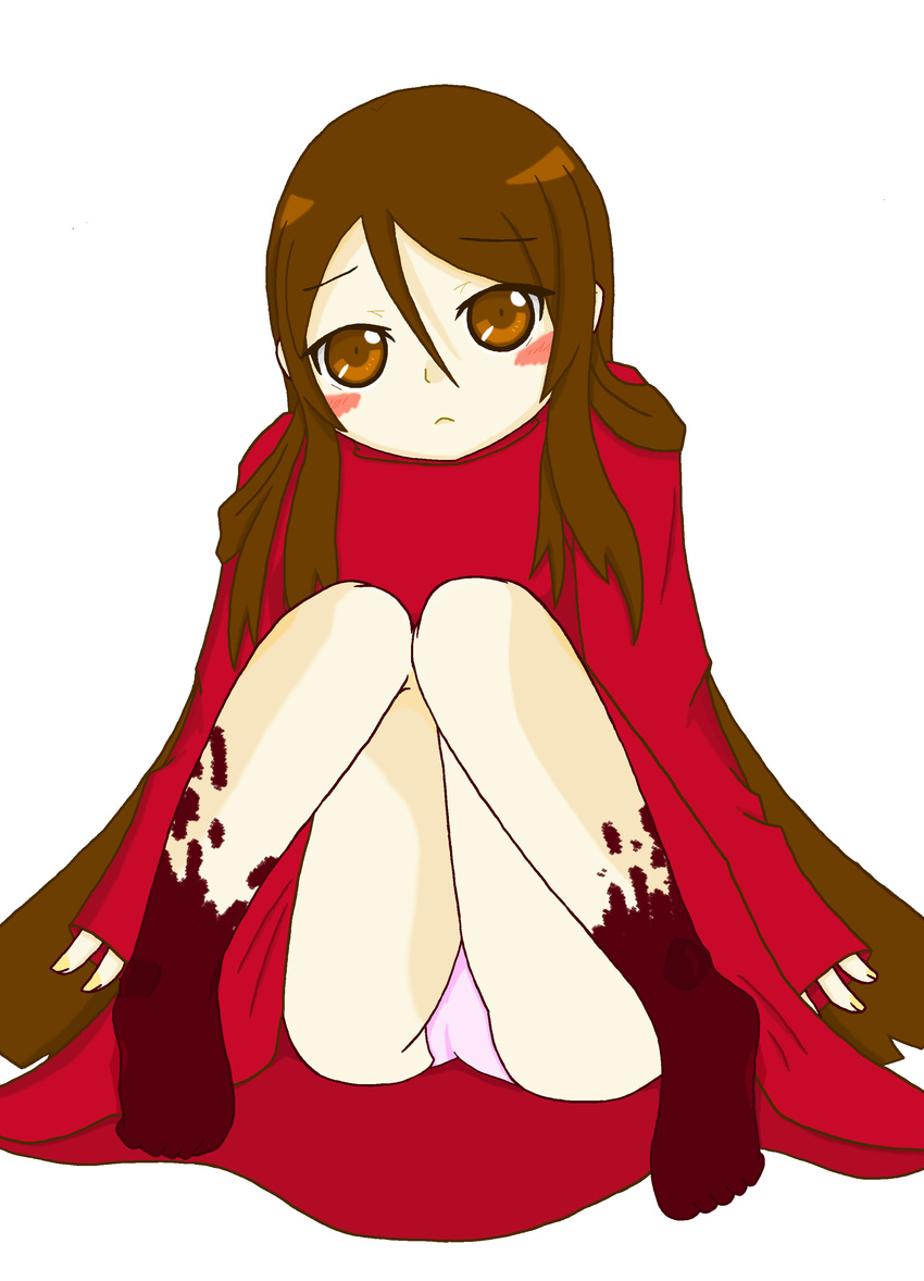 absurdres alma_(f.e.a.r.) an_motts bad_id bad_pixiv_id barefoot blood blush brown_eyes brown_hair dress f.e.a.r. frown highres long_hair panties pantyshot pantyshot_(sitting) red_dress sitting sleeves_past_wrists solo underwear