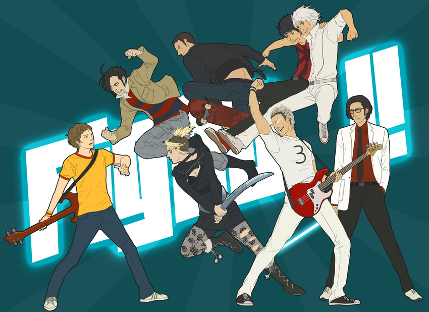 black_hair blonde_hair brown_hair fighting glasses gray_hair grey_hair guitar hand_in_pocket highres instrument jumping male male_focus musical_instrument party punk scott_pilgrim skateboard white_hair