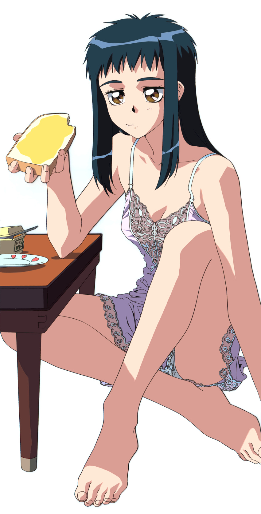 absurdres artist_request barefoot blue_hair eating face feet food highres legs long_hair neo_ranga official_art shimabara_yuuhi simple_background solo toast