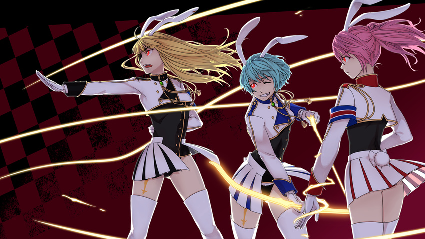 animal_ears arm_behind_back arrow blonde_hair blue_hair bow_(weapon) bunny_ears bunny_tail checkered checkered_background chiester00 chiester410 chiester45 chiester_sisters eyepatch gloves glowing grin highres long_hair long_sleeves multiple_girls one_eye_closed open_mouth outstretched_arm pink_hair pm_(pomdim) ponytail red_background red_eyes short_hair showgirl_skirt skirt smile tail tattoo thighhighs umineko_no_naku_koro_ni uniform weapon white_gloves white_legwear