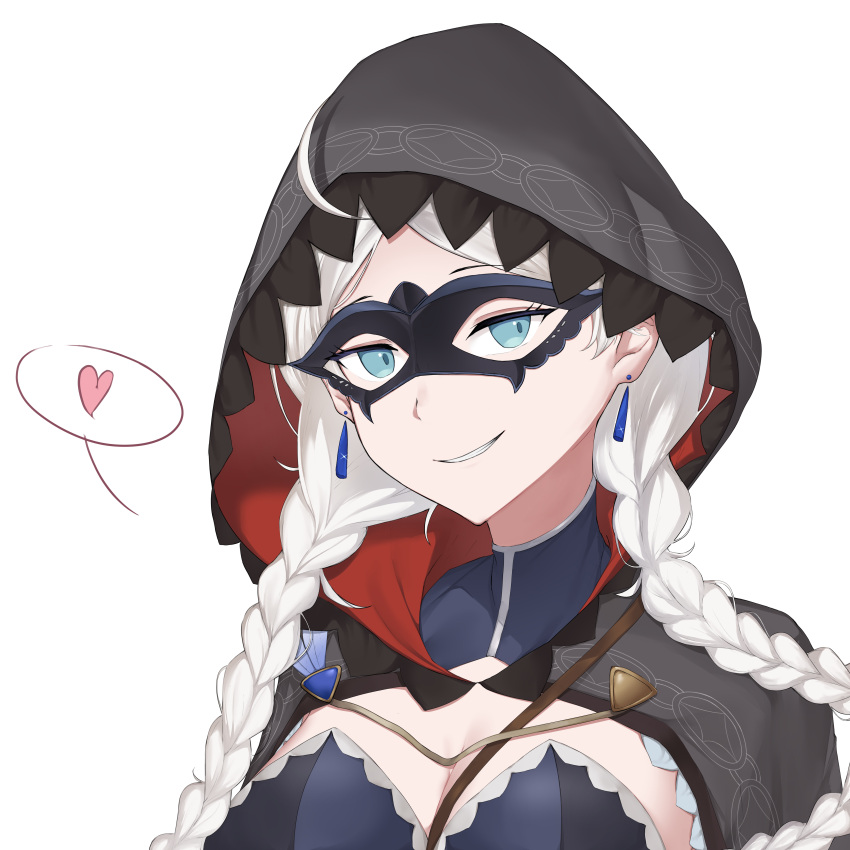 absurdres ahoge archfiend0 bangs blue_bodysuit blue_brooch blue_eyes bodysuit braid breasts cape chain commission commissioner_upload crystal_earrings earrings eye_mask fire_emblem fire_emblem_fates fire_emblem_heroes gold_chain heart highres hood hood_up hooded_cape jewelry leather long_hair looking_at_viewer low_twin_braids medium_breasts nina_(fire_emblem) nina_(thief)_(fire_emblem) non-web_source official_alternate_costume parted_bangs portrait skin_tight smile speech_bubble turtleneck twin_braids white_background