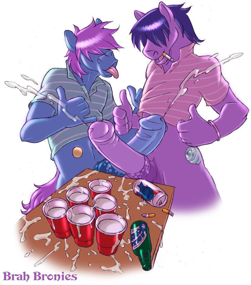 alcohol anthro beer beverage bottomless bracelet cigarette clothed clothing cum cutie_mark equine frottage gay gideon half-dressed hi_res horse jewelry male mammal my_little_pony pabst_blue_ribbon penis plain_background tongue tongue_out white_background