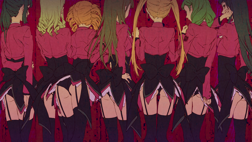 adjusting_hair arm_behind_back asmodeus ass bangs beelzebub belphegor black_hair black_legwear black_panties blazer blonde_hair bow curly_hair drill_hair egawa_satsuki from_behind garter_straps green_hair hand_on_hip highres jacket leviathan_(umineko) long_hair lucifer mammon multiple_girls orange_hair panties ponytail red_eyes satan sidelocks stakes_of_purgatory standing thigh_gap thighhighs twin_drills twintails umineko_no_naku_koro_ni underwear