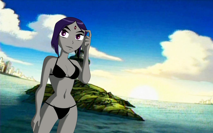 bikini facial_mark female gray_skin purple_hair raven short_hair swimsuit teen_titans