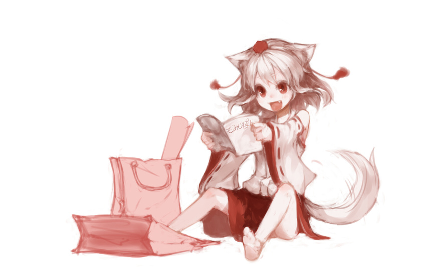animal_ears bag bare_legs barefoot book detached_sleeves fang feet happy hat inubashiri_momiji junwool long_sleeves monochrome open_mouth reading red_eyes shopping_bag silver_hair sitting smile solo spot_color tail tokin_hat touhou wolf_ears wolf_tail