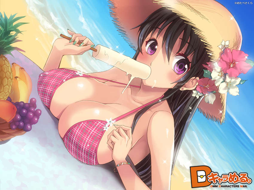 artist_name beach bikini black_hair blush bracelet breast_rest breasts cleavage collarbone covered_nipples cream day dmm flower food hat hibiscus highres jewelry large_breasts long_hair mouth_hold nail_polish original otabe_sakura outdoors popsicle purple_eyes sexually_suggestive solo sparkle strap_gap sun_hat swimsuit wallpaper water