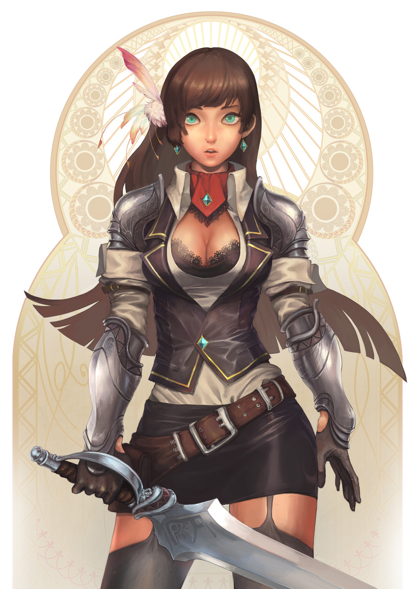 absurdres aqua_eyes armor art_nouveau black_legwear boroja breasts brown_hair cleavage earrings feathers gauntlets highres jewelry lace large_breasts long_hair open_mouth original sash skirt solo sword thighhighs weapon