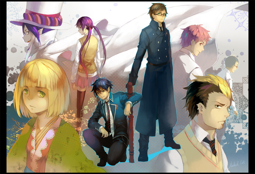 6+boys ao_no_exorcist bad_id bad_pixiv_id black_hair black_legwear blazer blonde_hair blue_eyes brothers dress_shirt facial_hair glasses gloves goatee hat jacket japanese_clothes kamiki_izumo mephisto_pheles miwa_konekomaru moriyama_shiemi multicolored_hair multiple_boys multiple_girls naked_cat necktie okumura_rin okumura_yukio pointy_ears purple_hair red_hair school_uniform shima_renzou shirt siblings striped striped_neckwear suguro_ryuuji sweater_vest thighhighs top_hat trench_coat twintails zettai_ryouiki