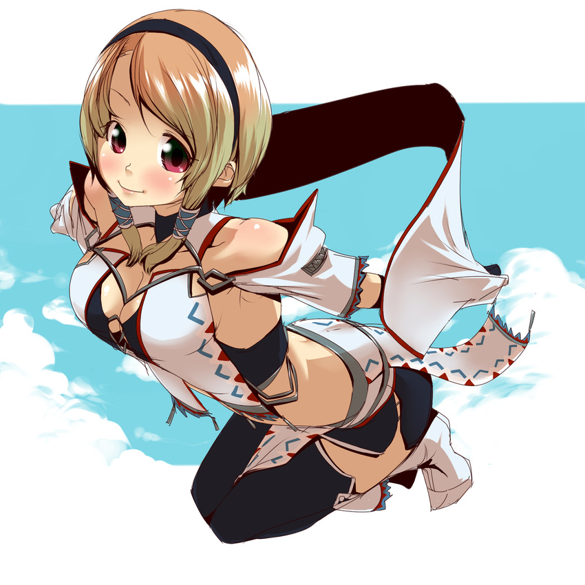 blonde_hair breasts capcom cleavage cloud equis_(armor) hair_ornament hair_tubes hairband highres midriff monster_hunter monster_hunter_frontier pink_eyes short_hair sky smile