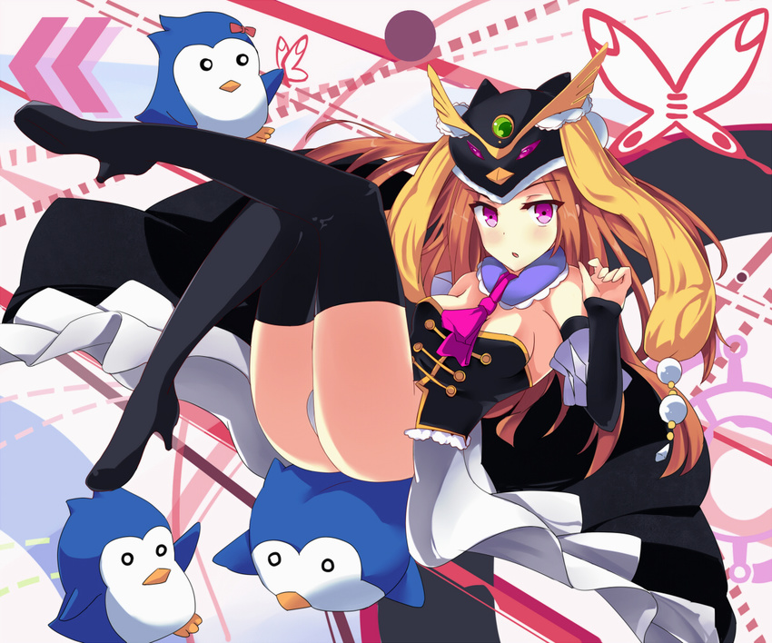 bad_id bad_pixiv_id bare_shoulders bird boots bow brown_hair bug butterfly detached_sleeves eruthika hat insect long_hair long_legs mawaru_penguindrum penguin penguin_1-gou penguin_2-gou penguin_3-gou princess_of_the_crystal purple_eyes solo takakura_himari thigh_boots thighhighs zettai_ryouiki