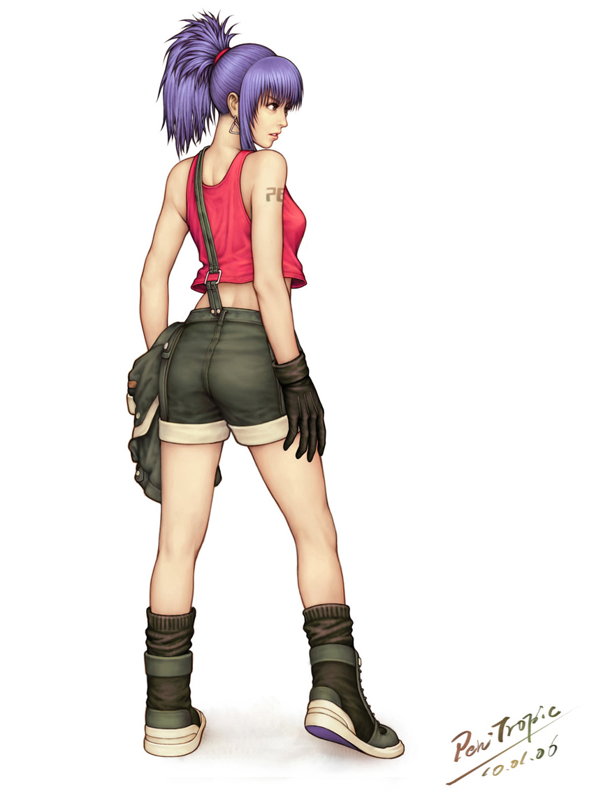 blue_eyes blue_hair boots crop_top earrings from_behind gloves highres jacket jacket_removed jewelry leona_heidern looking_away loose_socks pen-tropic ponytail realistic shorts signature socks suspenders tattoo the_king_of_fighters