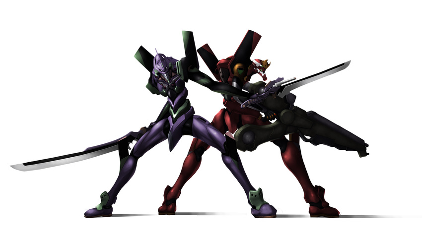 eva_01 eva_02 gun highres holding karasawa_(weapon) makka_na_kedamono mecha neon_genesis_evangelion no_humans shadow simple_background standing sword weapon