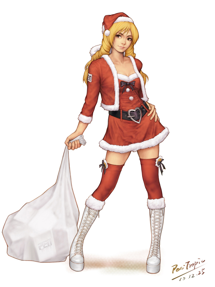 bag belt blonde_hair boots bow cropped_jacket cross-laced_footwear dress drill_hair hat heart highres holding knee_boots lace-up_boots long_hair pen-tropic purple_eyes realistic santa_costume santa_hat shijou_hinako signature the_king_of_fighters thighhighs twin_drills twintails