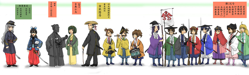 6+girls ahoge akizuki_ritsuko amami_haruka bayonet blue_hakama bow braid drum drumsticks ernest fife_(instrument) flag futami_ami futami_mami ganaha_hibiki glasses gun hachimaki hagiwara_yukiho hair_bobbles hair_bow hair_ornament hakama hat headband highres hoshii_miki idolmaster idolmaster_(classic) instrument japanese_clothes katana kepi kikuchi_makoto kimono kisaragi_chihaya military military_uniform minase_iori miura_azusa multiple_boys multiple_girls musket otonashi_kotori pink_hakama ponytail producer_(idolmaster) purple_hakama samurai sheath shijou_takane shovel stuffed_animal stuffed_toy sword tabi takagi_jun'ichirou takatsuki_yayoi twin_braids uniform war weapon white_hakama