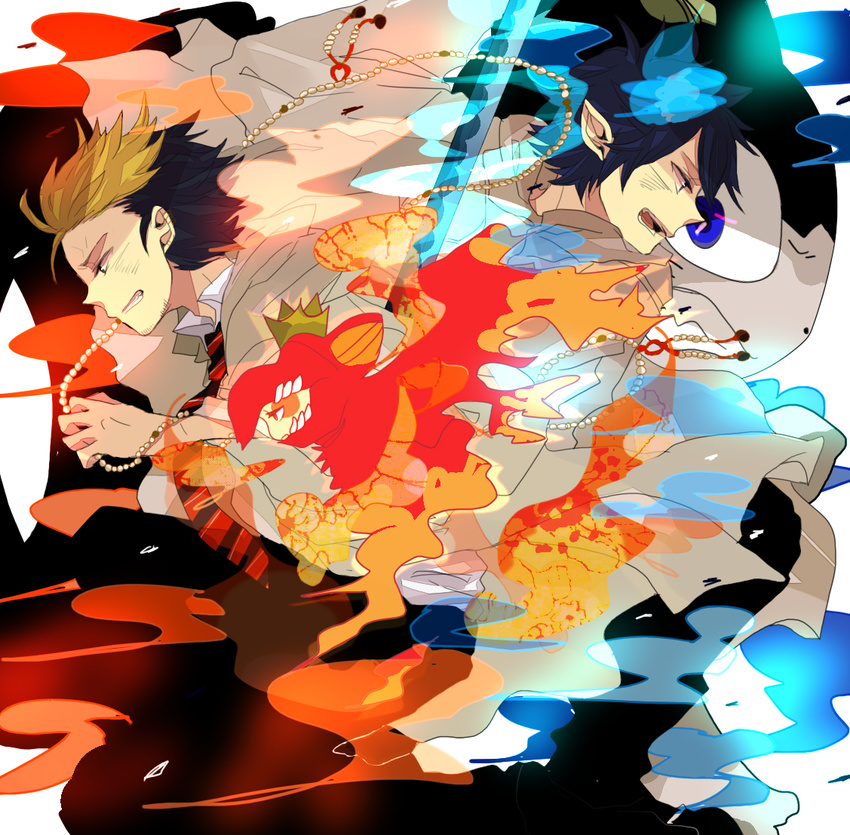 ao_no_exorcist asou_(zone54) bad_id bad_pixiv_id beads black_hair blue_eyes blue_fire fire flaming_sword karura kuro_(ao_no_exorcist) multicolored_hair multiple_boys necktie okumura_rin prayer_beads school_uniform short_hair striped striped_neckwear suguro_ryuuji sword two-tone_hair weapon