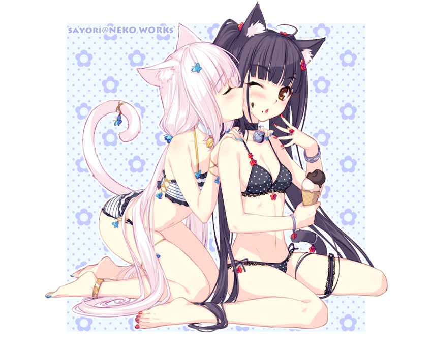 animal_ears anklet arthropod barefoot bell bell_collar bikini black_hair blue_nails blush bra bracelet butterfly cat cat_ears catgirl chocola chocolat_(sayori) choker clothed clothing ear_fluff eyes_closed feline female floral_print food garter hair hair_ornament hairclip hand_on_shoulder hindpaw ice_cream insect jewelry kissing_cheek kneeling lace lacing leg_garter lesbian lingerie long_hair mammal nail_polish navel one_eye_closed original panties pattern_background paws pink_hair polka_dot_panties polka_dots raised_hand red_nails ring sayori sayori@nekoworks side-tie_panties skimpy striped_bikini striped_swimsuit stripes studded_bracelet swimsuit tail tail_garter tight_clothing toenail_polish underwear vanilla vanilla_(sayori) white_hair wink yellow_eyes yuri