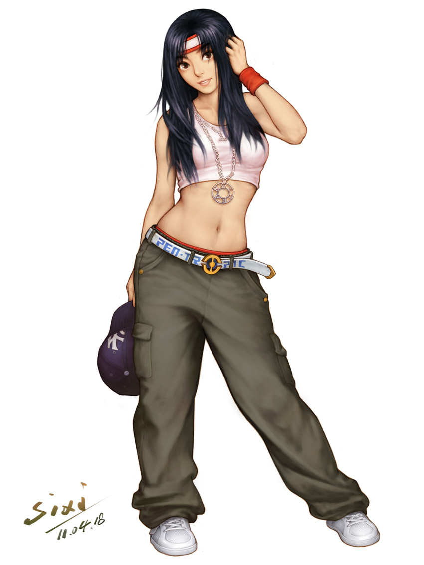 adjusting_hair armband baggy_pants baseball_cap belt blue_hair brown_eyes casual crop_top hair_down hat hat_removed headband headwear_removed highres holding jewelry long_hair midriff navel necklace pants pen-tropic ryuuko_no_ken shoes signature sneakers solo the_king_of_fighters toudou_kasumi wristband