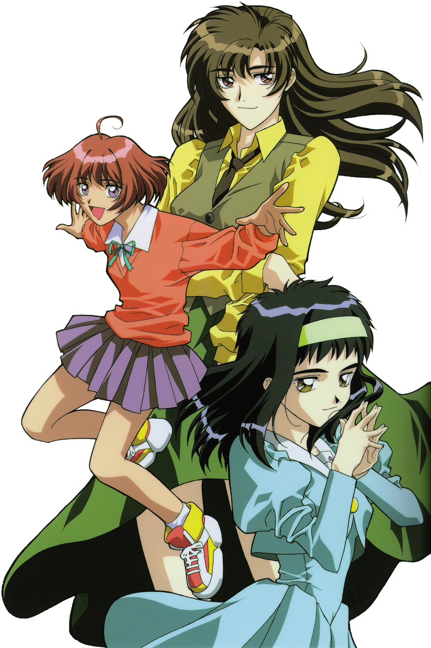 90s :d absurdres ahoge artist_request black_hair bow brown_hair dress hairband highres legs long_hair long_sleeves multiple_girls necktie neo_ranga official_art open_mouth purple_eyes red_eyes red_hair shimabara_minami shimabara_ushio shimabara_yuuhi shoes short_hair simple_background skirt smile sneakers vest yellow_eyes