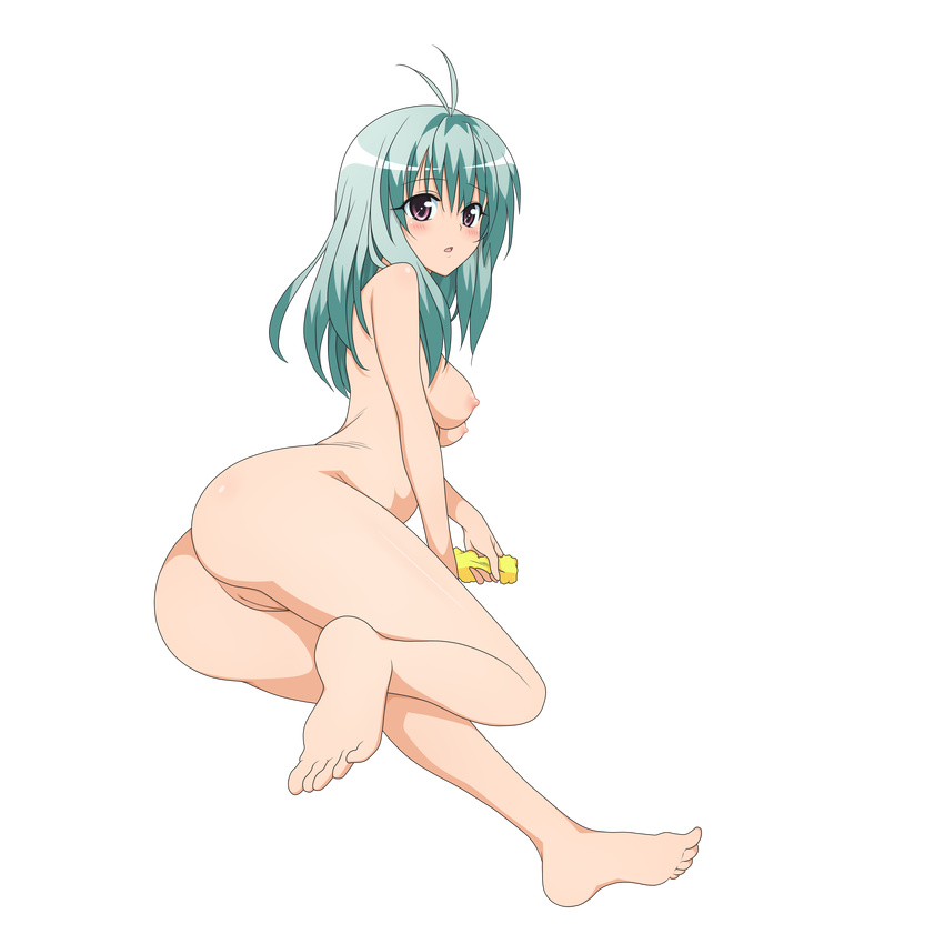 1girl ass barefoot blush breasts erect_nipples green_hair highres legs long_hair nipples nude nude_filter open_mouth photoshop purple_eyes pussy run_elsie_jewelria simple_background solo thighs to_love-ru to_love-ru_darkness toloveru toloveru_darkness uncensored vector_trace white_background