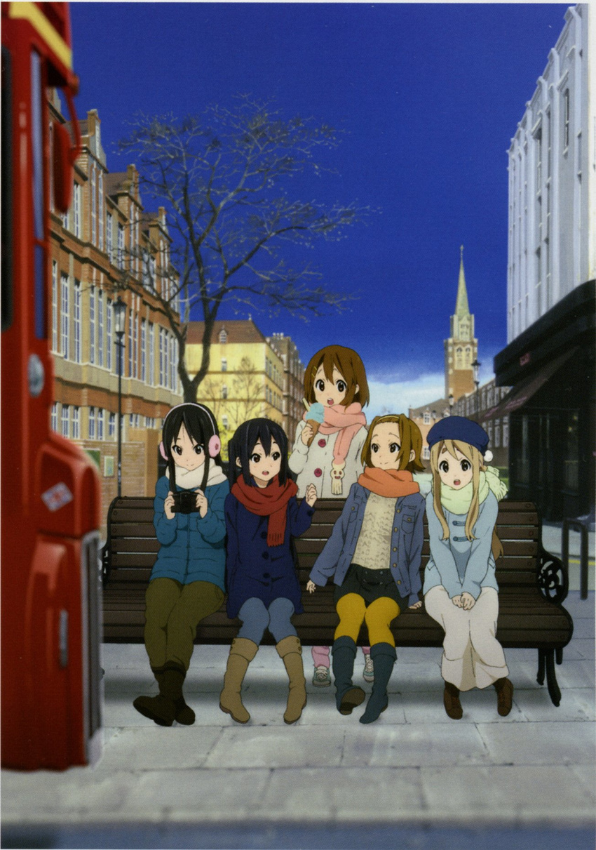 akiyama_mio anime_location bench blue_legwear boots bus casual coat double-decker_bus earmuffs food ground_vehicle hat highres hirasawa_yui horiguchi_yukiko ice_cream k-on! k-on!_movie kotobuki_tsumugi london motor_vehicle multiple_girls nakano_azusa official_art pantyhose scarf sitting smile tainaka_ritsu united_kingdom winter_clothes yellow_legwear