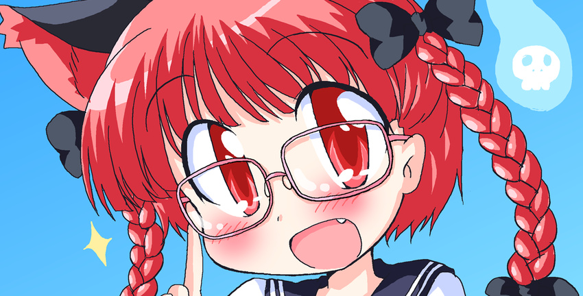 :d alternate_costume animal_ears bespectacled blush bow braid cat_ears extra_ears face fang geetsu glasses kaenbyou_rin open_mouth pink-framed_eyewear red_eyes red_hair school_uniform serafuku smile solo touhou twin_braids twintails