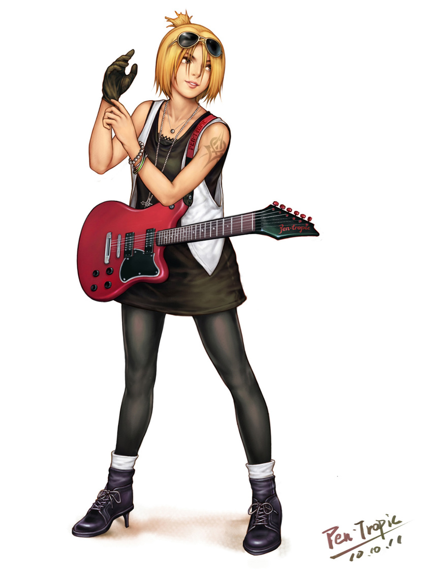 adjusting_clothes adjusting_gloves blonde_hair blue_mary bracelet casual chemise eyewear_on_head fatal_fury gloves grey_eyes guitar high_heels highres instrument jewelry necklace pantyhose pen-tropic ponytail shoes short_hair signature solo sunglasses tattoo the_king_of_fighters vest