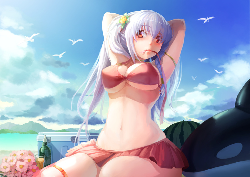 armband arms_behind_head arms_up bad_id bad_pixiv_id bikini bikini_skirt bird blush breasts cloud cooler day flower food fruit hair_flower hair_ornament hokuto_shinken inflatable_orca inflatable_toy large_breasts long_hair mouth_hold navel ocean original red_eyes sitting sky solo swimsuit underboob watermelon white_hair