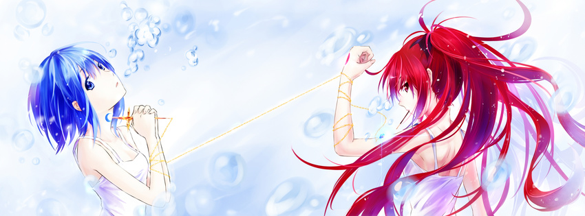absurdres arm_up azmodan back blue_eyes blue_hair bound bow bubble camisole chain cross food hair_bow hands_clasped highres jewelry long_hair mahou_shoujo_madoka_magica miki_sayaka mouth_hold multiple_girls own_hands_together pendant pocky ponytail red_eyes red_hair sakura_kyouko short_hair tattoo tied_up