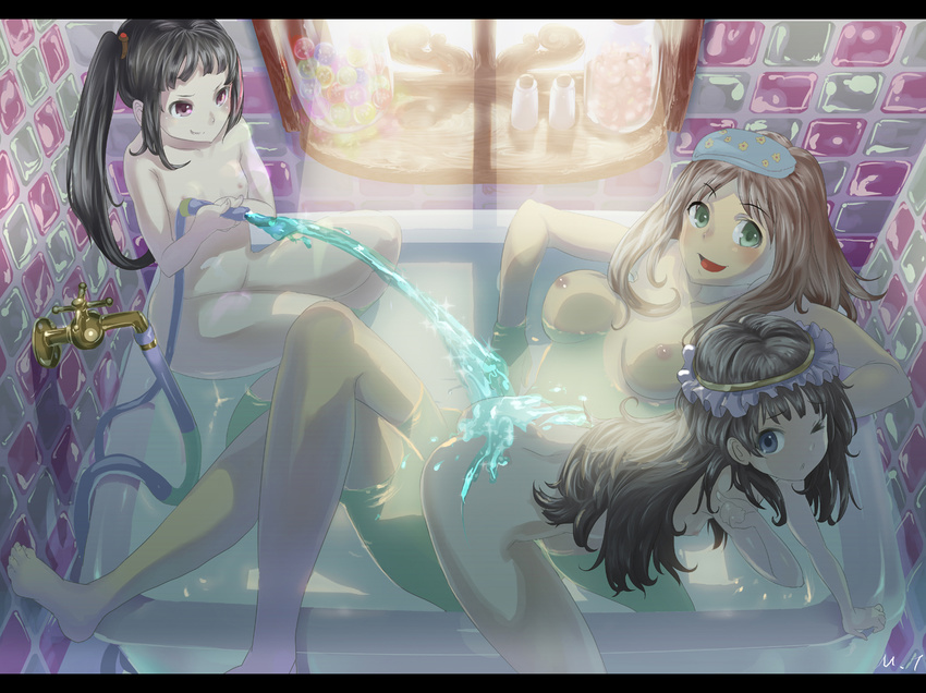atelier_(series) atelier_totori barefoot bathing bathtub black_hair blue_eyes blush breasts brown_hair frills green_eyes holding hose letterboxed long_hair mervia_siebel mimi_houllier_von_schwarzlang multiple_girls nipples nude one_eye_closed open_mouth partially_submerged purple_eyes side_ponytail sitting small_breasts tashiromotoi tile_wall tiles totooria_helmold twintails