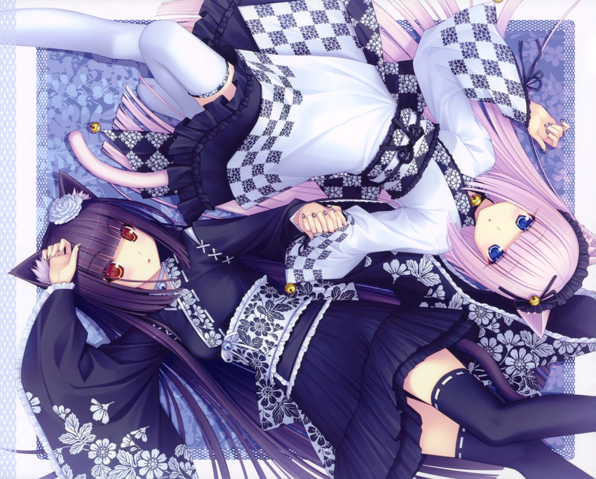 animal_ears black_hair catgirl chocola lolita_fashion long_hair sayori tail thighhighs vanilla white_hair