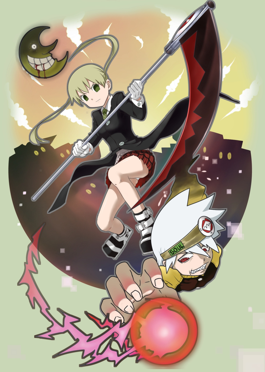 blood green_eyes highres maka_albarn moon red_eyes scythe sharp_teeth soul soul_eater soul_eater_(character) teeth weapon