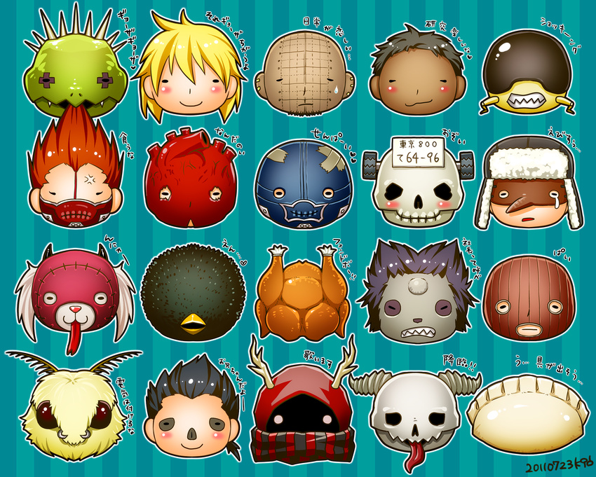 black_hair blonde_hair caiman character_request chibi chota dark_skin demon dokuga dorohedoro dumpling ebisu_(dorohedoro) en_(dorohedoro) fujita_(dorohedoro) fukuyuma haru_(dorohedoro) hat horns jiaozi johnson_(dorohedoro) kasukabe_(dorohedoro) kawajiri kikurage_(dorohedoro) mask nikaido noi_(dorohedoro) red_hair shin_(dorohedoro) smile turkey_(dorohedoro)