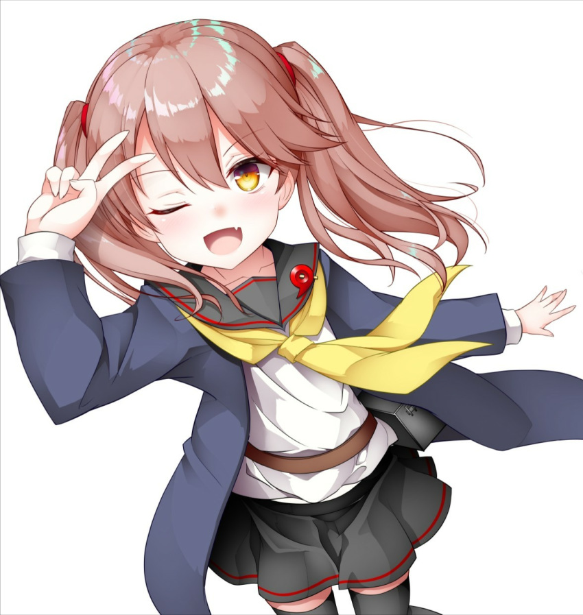 1girl ;d arm_up armband bangs black_legwear black_sailor_collar black_skirt blue_jacket brown_eyes brown_hair commentary_request cosplay dutch_angle eyebrows_visible_through_hair fang hair_between_eyes hair_tie highres jacket kantai_collection kirigakure_(kirigakure_tantei_jimusho) long_hair long_sleeves looking_at_viewer magatama neckerchief one_eye_closed open_clothes open_jacket open_mouth pleated_skirt remodel_(kantai_collection) ryuujou_(kantai_collection) sailor_collar satsuki_(kantai_collection) satsuki_(kantai_collection)_(cosplay) school_uniform serafuku shirt simple_background skirt smile solo thighhighs translation_request twintails v very_long_hair white_background white_shirt yellow_neckwear