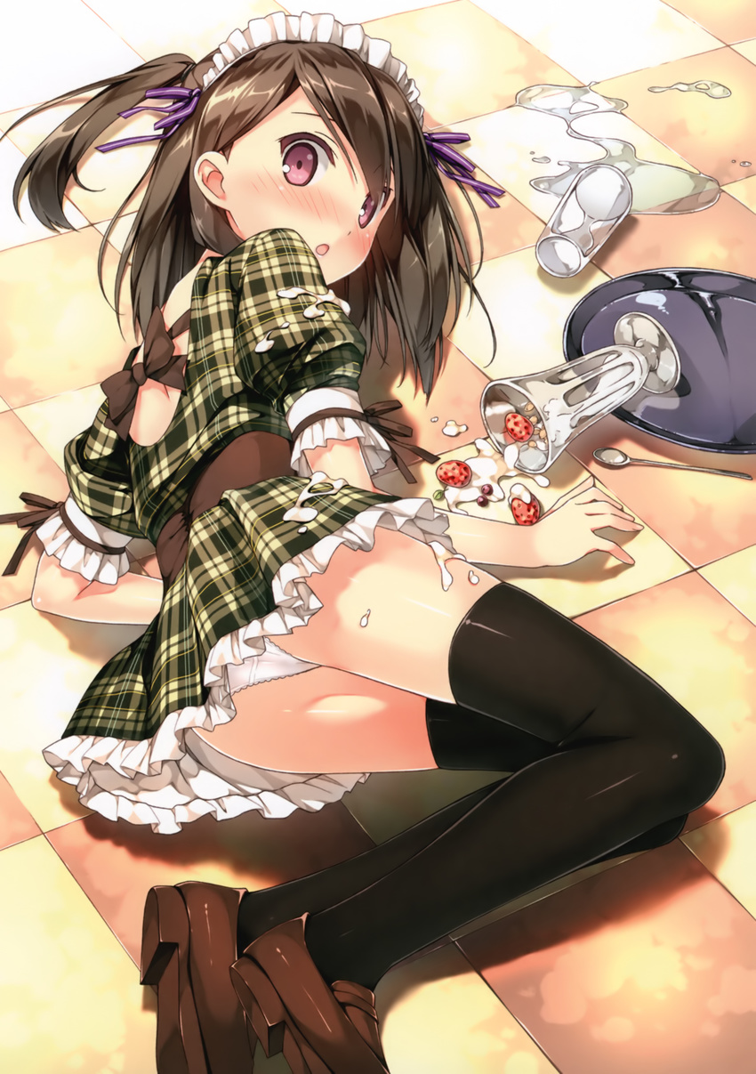 :o absurdres accident black_hair black_legwear blush checkered checkered_floor cream cup fallen_down food fruit hair_ribbon highres kantoku loafers looking_back lying maid_headdress medium_hair nose_blush open_mouth original panties pantyshot pantyshot_(lying) plaid purple_eyes ribbon shizuku_(kantoku) shoes side_ponytail solo spill spoon strawberry thighhighs tray underwear white_panties