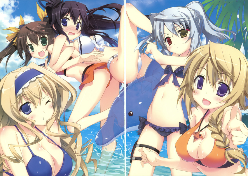 5girls absurdres back-to-back beach bikini bikini_skirt black_hair blonde_hair blue_eyes blush breasts brown_hair cecilia_alcott charlotte_dunois cleavage dolphin eyepatch eyepatch_lift fang finger_gun flat_chest frilled_bikini frills front-tie_top fujima_takuya gap green_eyes heterochromia highres huang_lingyin infinite_stratos inflatable_toy jewelry large_breasts laura_bodewig legs lifting long_hair long_legs multiple_girls navel no_eyepatch ocean one_eye_closed open_mouth pendant ponytail purple_eyes red_eyes scan scan_artifacts shinonono_houki shiny shiny_skin side-tie_bikini silver_hair smile strap_gap swimsuit thighs twintails very_long_hair water wince wink yellow_eyes