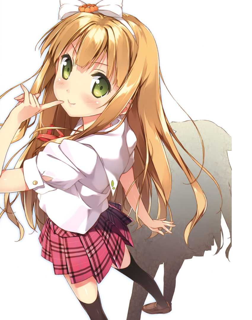 :&gt; absurdres azuki_azusa black_legwear blonde_hair blush bow cover finger_to_mouth flower foreshortening green_eyes hair_bow hairband hentai_ouji_to_warawanai_neko. highres kantoku loafers long_hair plaid plaid_skirt school_uniform shoes skirt solo thighhighs