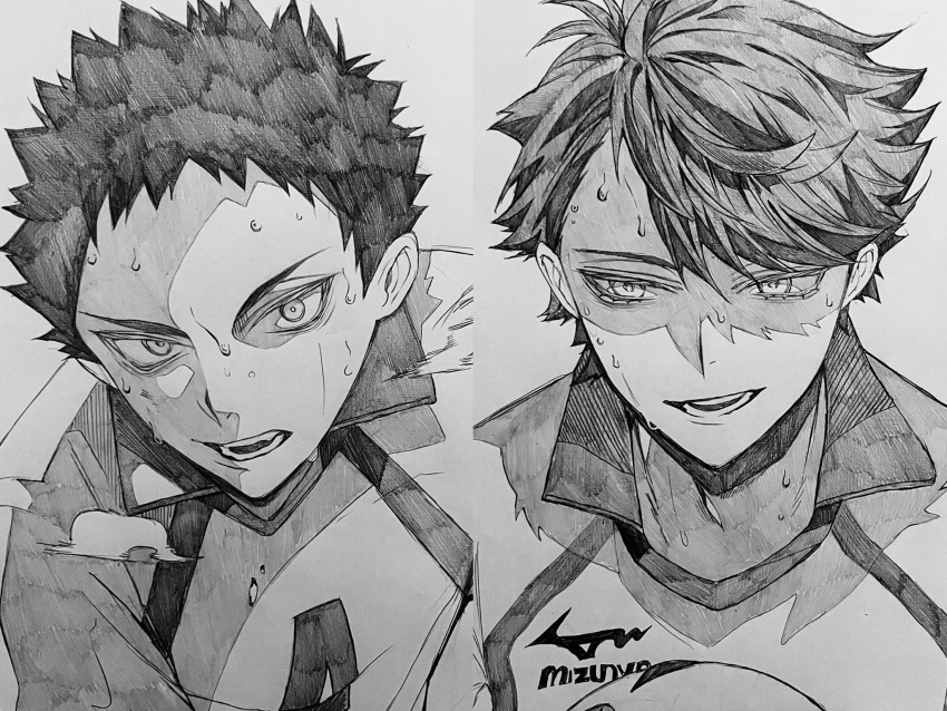 2boys 3_surugi collared_shirt commentary_request grey_background greyscale haikyuu!! hair_between_eyes highres iwaizumi_hajime looking_ahead looking_to_the_side male_focus monochrome multiple_boys oikawa_tooru_(haikyuu!!) open_mouth parted_bangs partially_shaded_face shirt short_hair sideways_glance simple_background spiked_hair sportswear sweat teeth upper_body very_sweaty volleyball_uniform wing_collar