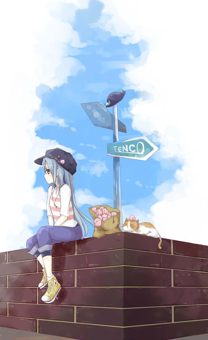 absurdres bag baseball_cap blue_hair brick_wall cabbie_hat calico capri_pants cat cloud contemporary food foot_dangle fruit hands_on_lap hat hat_removed headwear_removed highres hinanawi_tenshi horizontal_stripes jewelry key long_hair looking_away necklace on_wall outdoors pants paper_bag peach pendant red_eyes road_sign shirt shoes sign sitting sky sneakers socks solo soramuko striped striped_shirt touhou untied_shoes very_long_hair wall