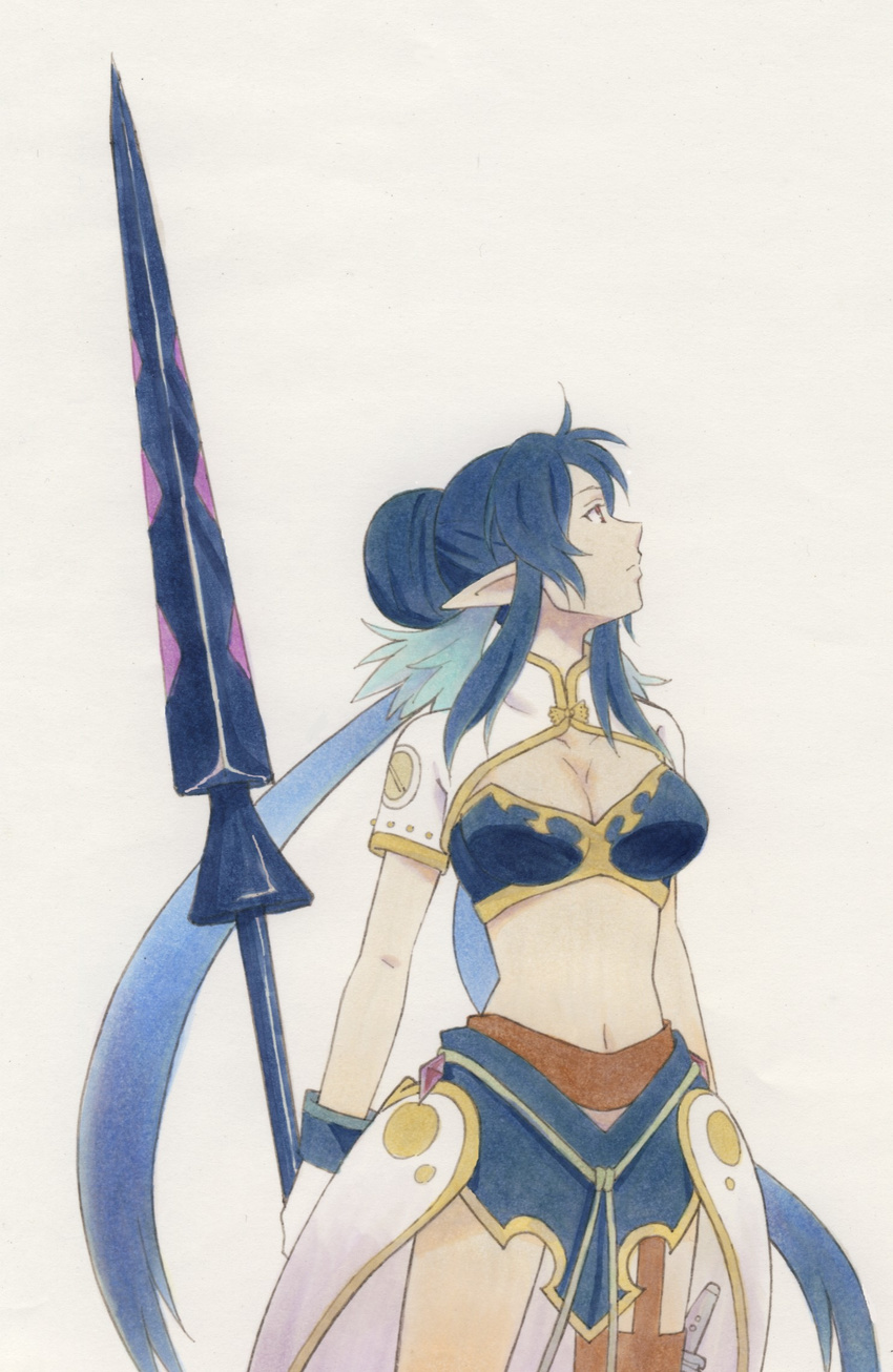 blue_hair breasts gloves hair_bun highres judith long_hair pointy_ears polearm red_eyes solo spear tales_of_(series) tales_of_vesperia twintails weapon white_gloves