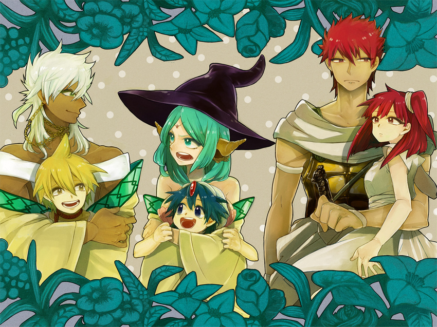 4boys aladdin_(magi) ali_baba_saluja bare_shoulders blonde_hair blue_eyes blue_hair chain green_eyes green_hair hat hug jewelry magi_the_labyrinth_of_magic masrur mero_(omigurax) morgiana multiple_boys multiple_girls one_side_up red_hair sharrkan short_hair smile turban white_hair witch_hat yamuraiha