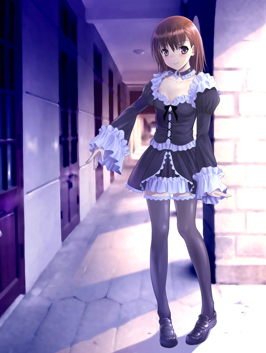 blush brown_eyes brown_hair choker collarbone frilled_sleeves frills gothic_lolita highres loafers lolita_fashion long_legs misaka_mikoto misakamitoko0903 photo_background pigeon-toed shoes short_hair smile solo standing thighhighs to_aru_majutsu_no_index zettai_ryouiki