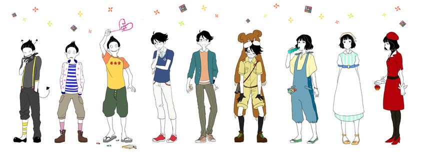 2boys akashi_(yojouhan) apple bear black_hair demon_tail dress fashion food fruit glasses gloves hat heart highres holding holding_food holding_fruit jacket lineup multiple_boys multiple_persona ozu_(yojouhan) pantyhose scarf sen_nai shoes short_hair socks star tail telescope watashi yojouhan_shinwa_taikei