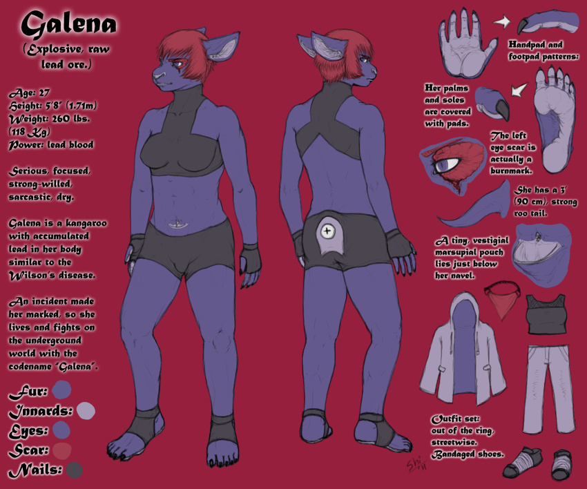 character clothing description female fishnet galena hand hindpaw jacket kangaroo legwear mammal marsupial model_sheet muscles nails navel original_character outfit pads pants paws pouch scar sheet shoes solo tights worn yellowpower