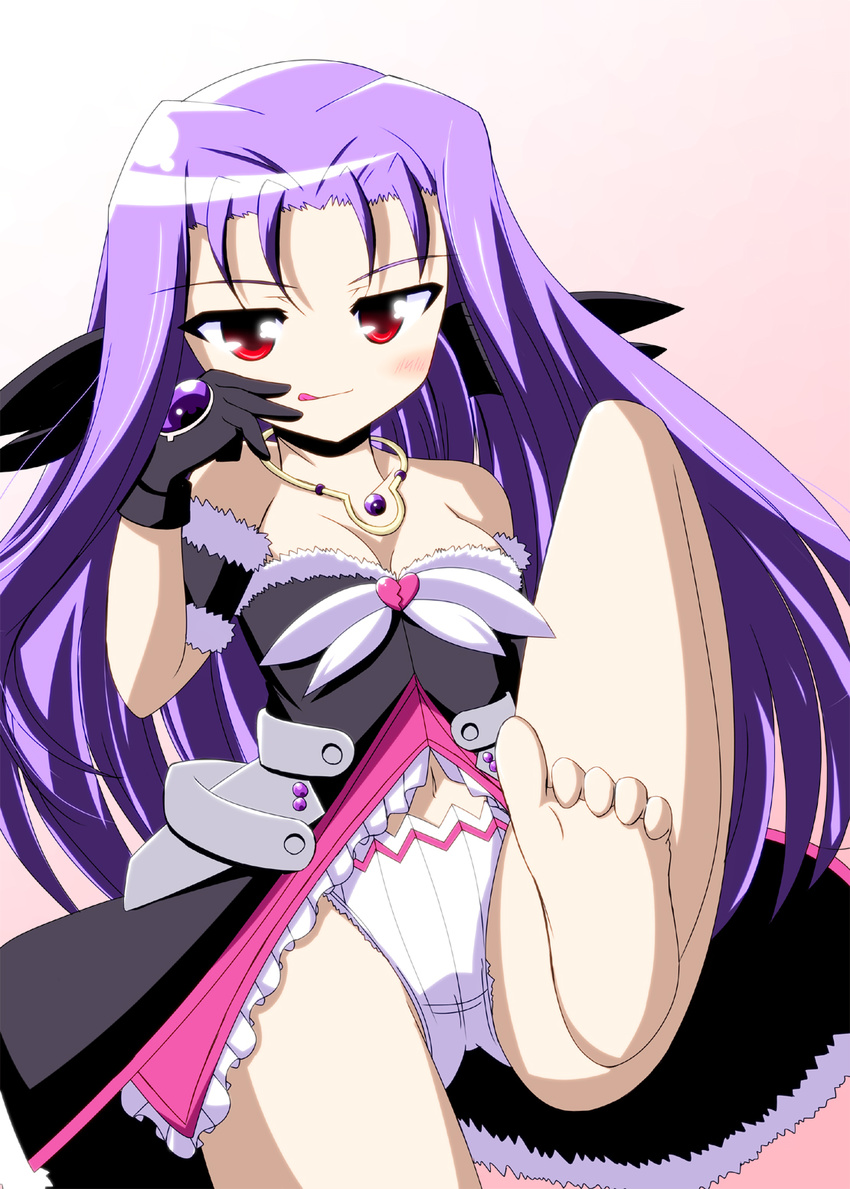 bad_anatomy bad_feet bare_shoulders barefoot blush breasts cleavage cotonpot feet gloves hair_ribbon highres licking_lips long_hair lutecia_alpine lyrical_nanoha mahou_shoujo_lyrical_nanoha_vivid medium_breasts navel purple_hair red_eyes ribbon solo tongue tongue_out