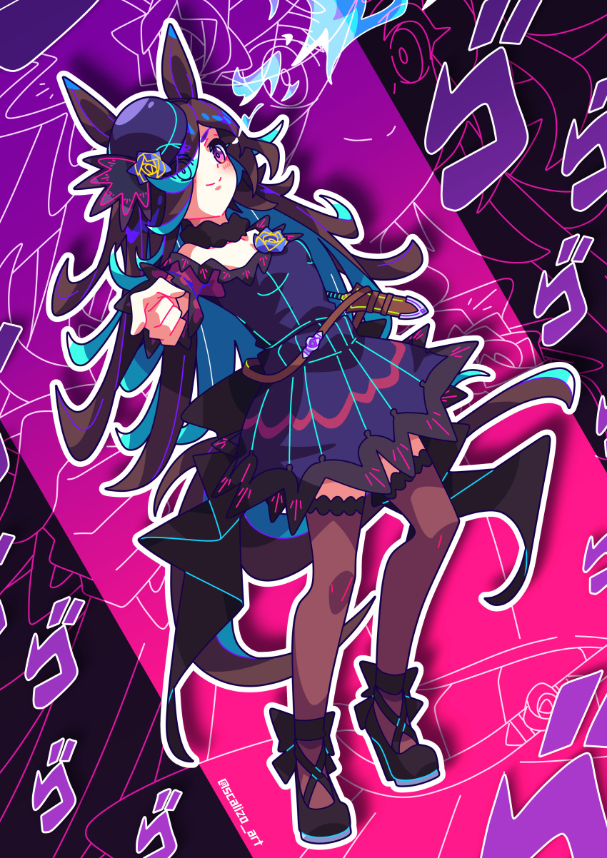 1girl absurdres animal_ears black_shoes blue_dress blue_hair blue_hat blush brown_hair brown_thighhighs closed_mouth commentary_request dress eyes_visible_through_hair full_body hair_over_one_eye hat highres horse_ears horse_girl horse_tail long_hair looking_at_viewer menacing_(jojo) multicolored_hair outline pink_background pointing pointing_at_viewer purple_eyes rice_shower_(umamusume) scalizo shoes smile solo standing streaked_hair tail thighhighs twitter_username umamusume white_outline